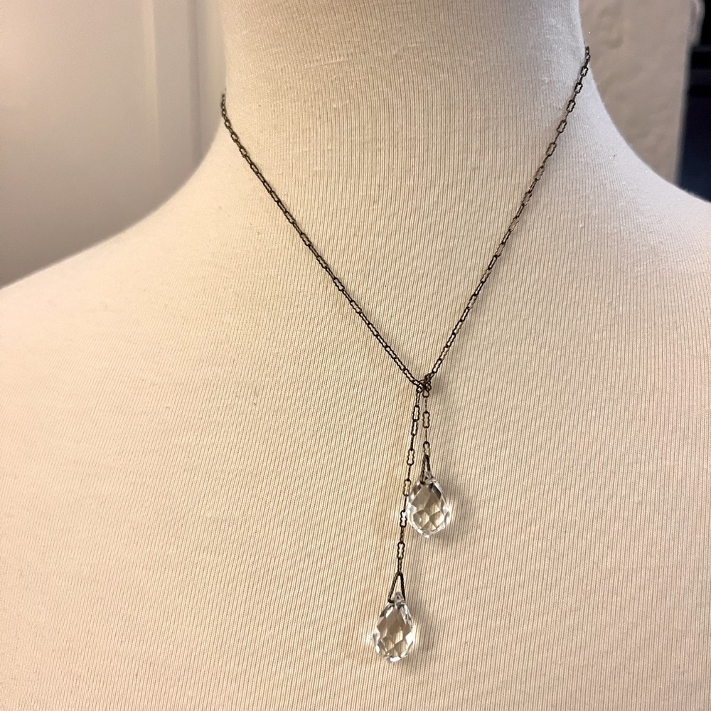 Vintage gold with faceted clear teardrop bead ends lariat wrap necklace!